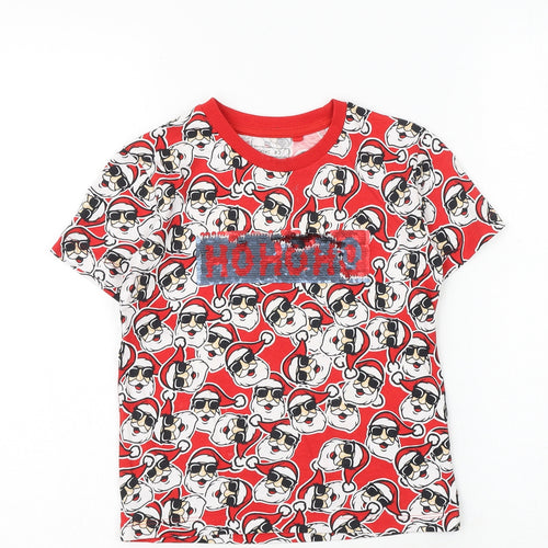 NEXT Boys Red Geometric 100% Cotton Basic T-Shirt Size 4 Years Round Neck Pullover - Father Christmas