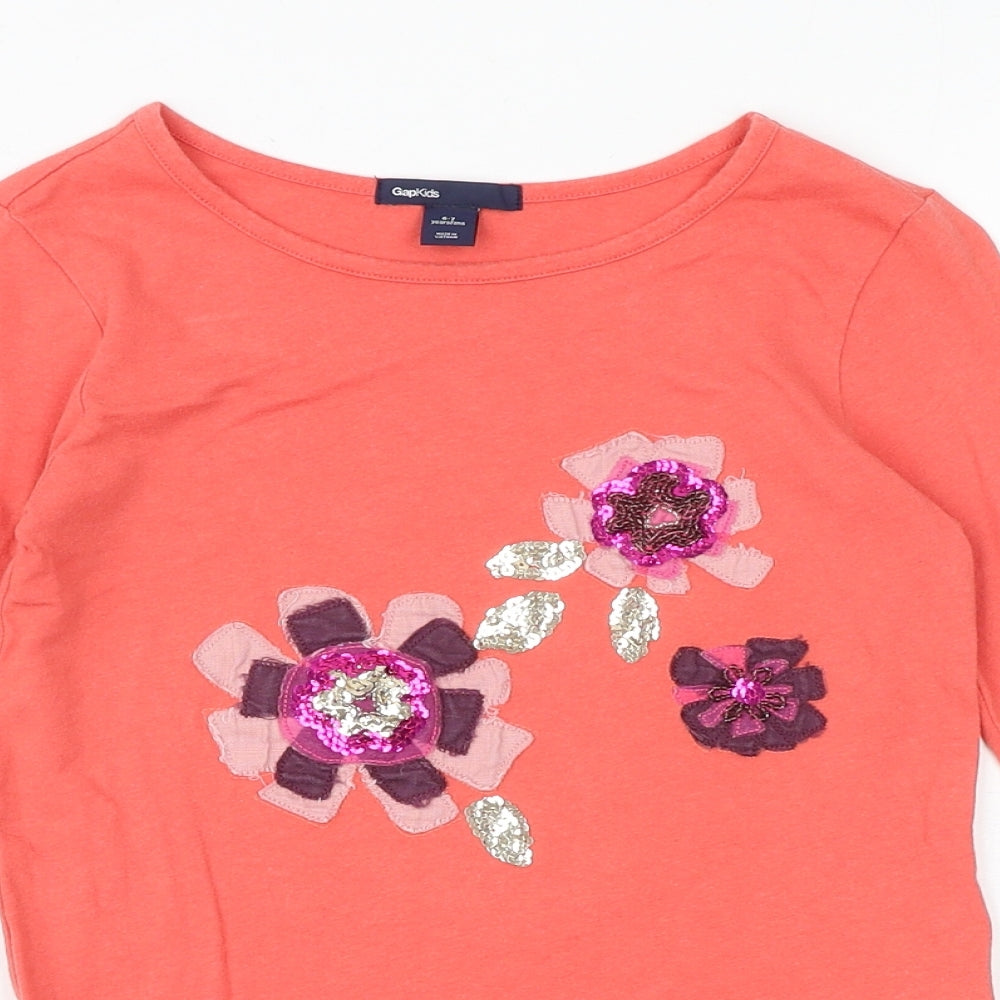 Gap Girls Pink Floral 100% Cotton Basic Blouse Size 6-7 Years Round Neck Pullover