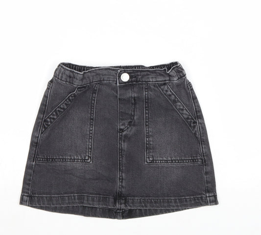 H&M Girls Black Cotton A-Line Skirt Size 7-8 Years Regular Snap