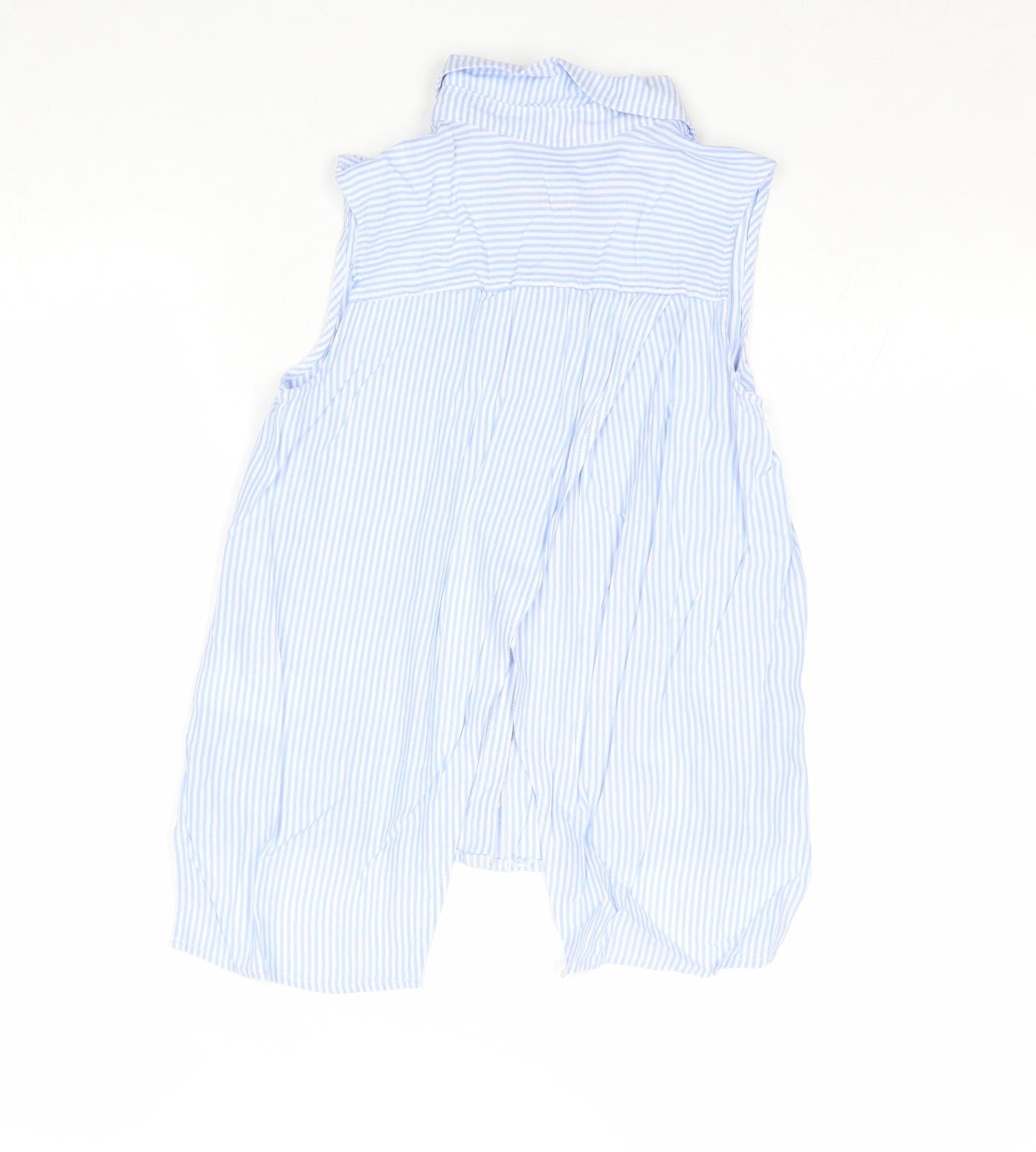 H&M Girls Blue Striped Viscose Basic Button-Up Size 12 Years Collared Button