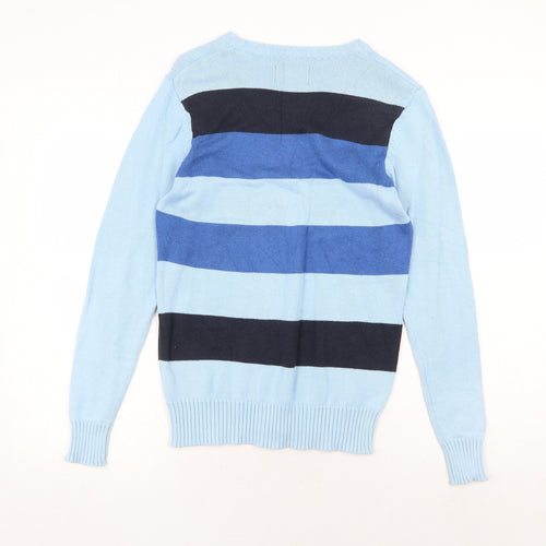 X Side Mens Blue V-Neck Striped Cotton Pullover Jumper Size S Long Sleeve