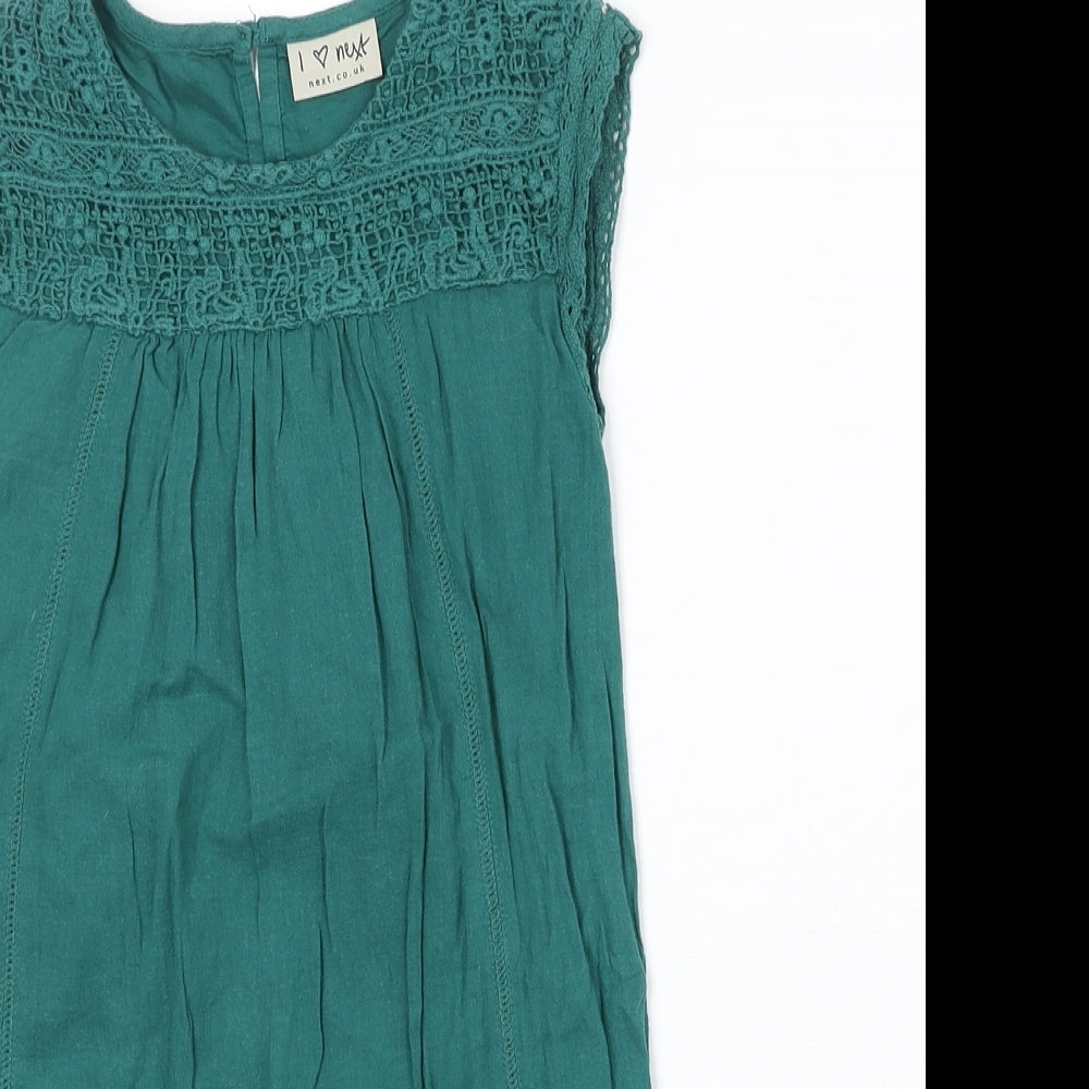 NEXT Girls Green 100% Cotton A-Line Size 6 Years Round Neck Button - Lace Detail