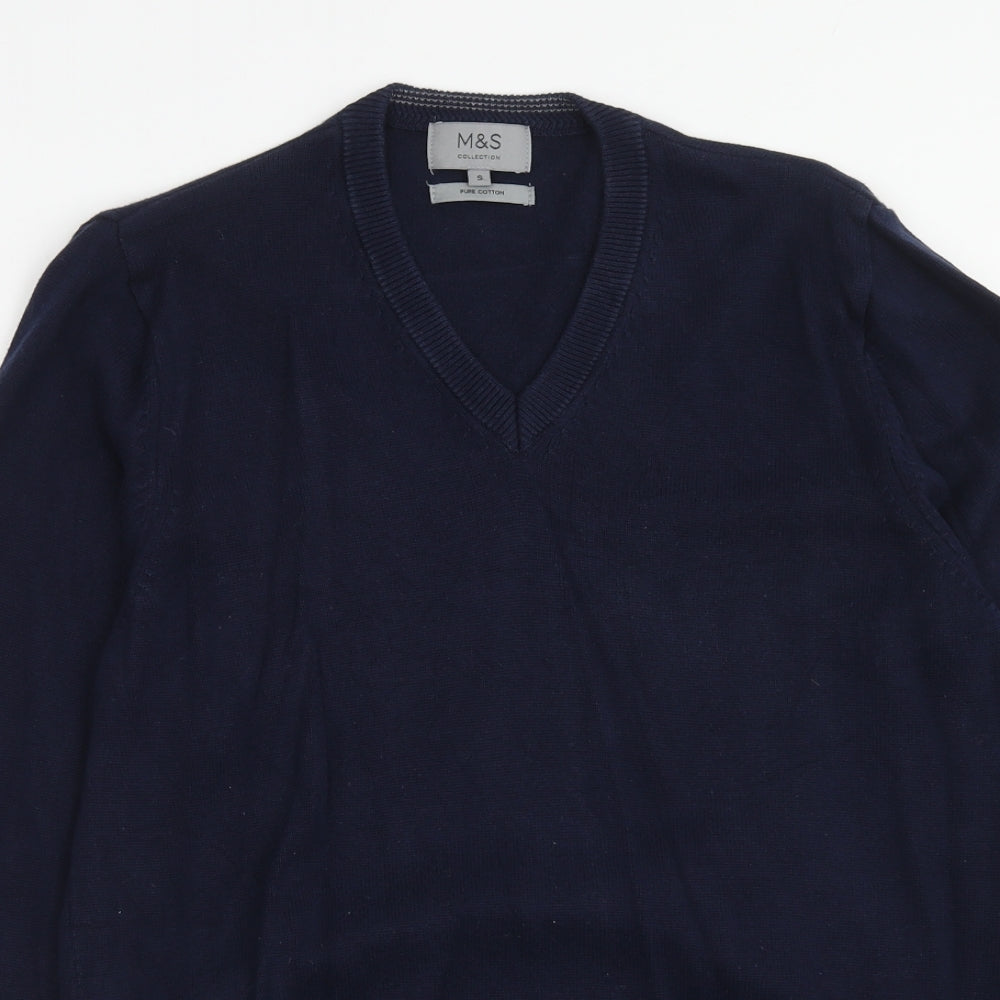 Marks and Spencer Mens Blue V-Neck Cotton Pullover Jumper Size S Long Sleeve