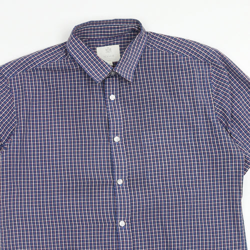 The Manor Mens Blue Plaid Polyester Button-Up Size M Collared Button
