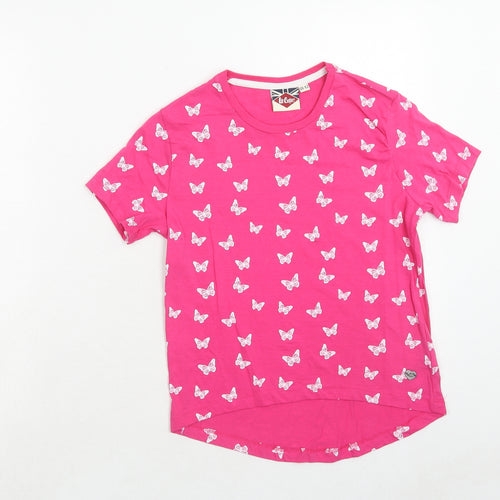 Lee Cooper Girls Pink Geometric Cotton Basic T-Shirt Size 11-12 Years Round Neck Pullover - Butterfly Pattern