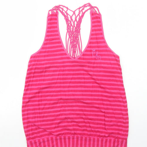 Henri Lloyd Womens Pink Striped Cotton Basic Tank Size 4 V-Neck - Crochet Detail