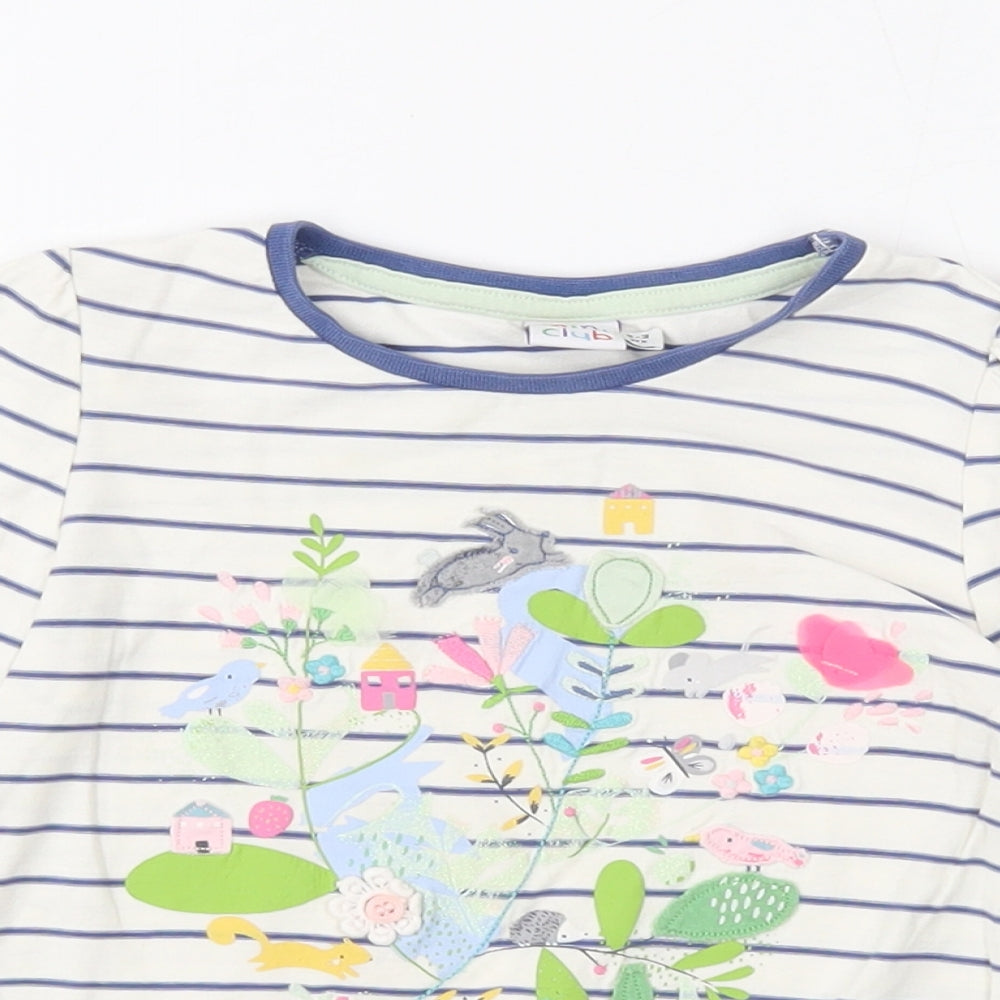 Mini Club Girls White Striped Cotton Basic T-Shirt Size 2-3 Years Round Neck Pullover - Flowers