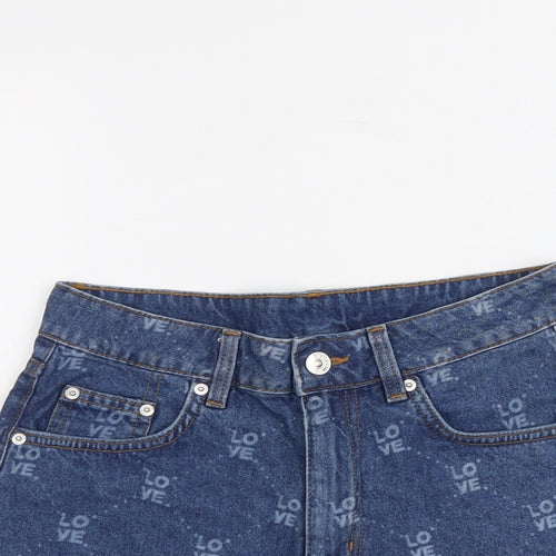 H&M Womens Blue Geometric Cotton Cut-Off Shorts Size 8 L3 in Regular Button - Love