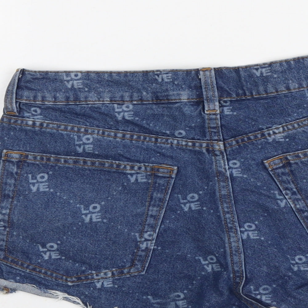 H&M Womens Blue Geometric Cotton Cut-Off Shorts Size 8 L3 in Regular Button - Love