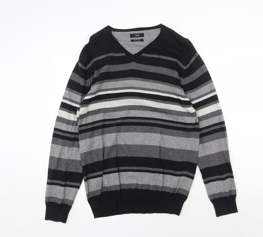 Thomas Nash Mens Multicoloured V-Neck Striped Cotton Pullover Jumper Size M Long Sleeve