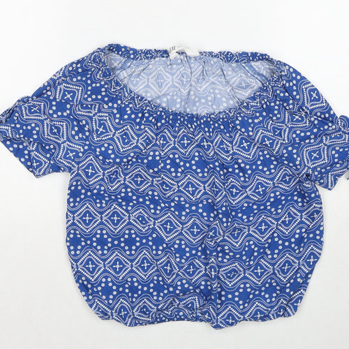H&M Girls Blue Geometric Viscose Basic Blouse Size 11-12 Years Round Neck Pullover