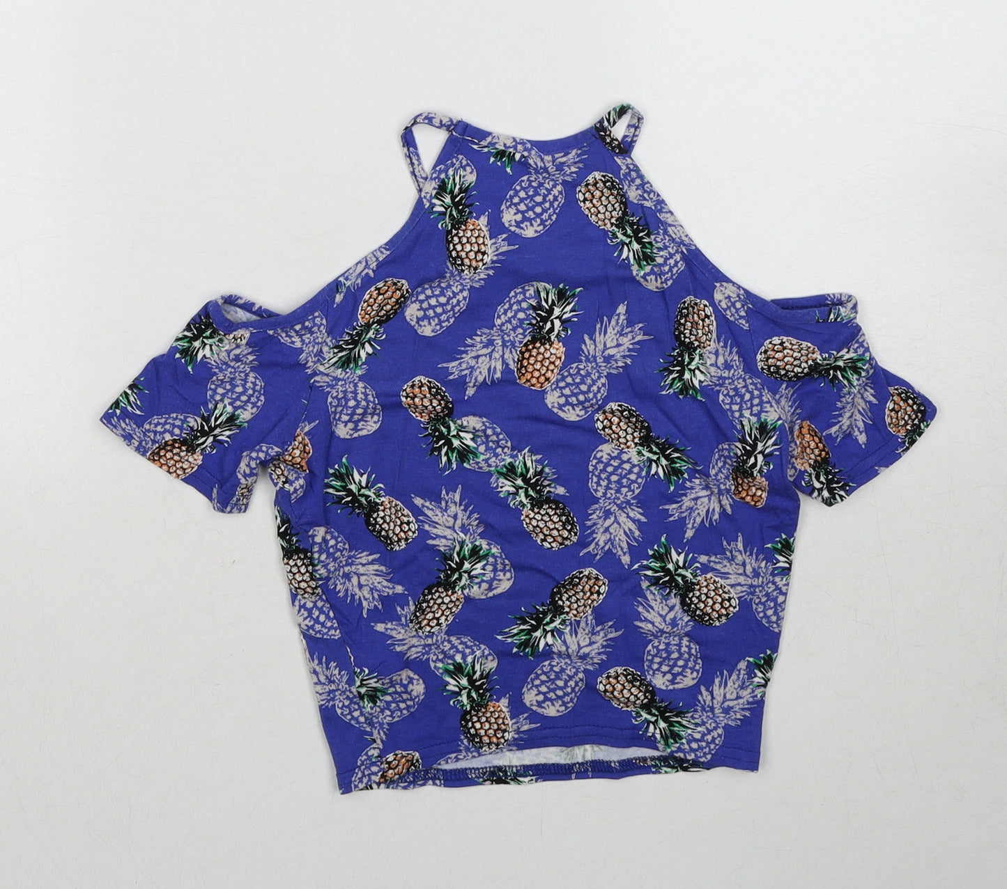 New Look Girls Blue Geometric Viscose Basic Tank Size 9 Years Round Neck Pullover - Cold Shoulder, Pineapple Print