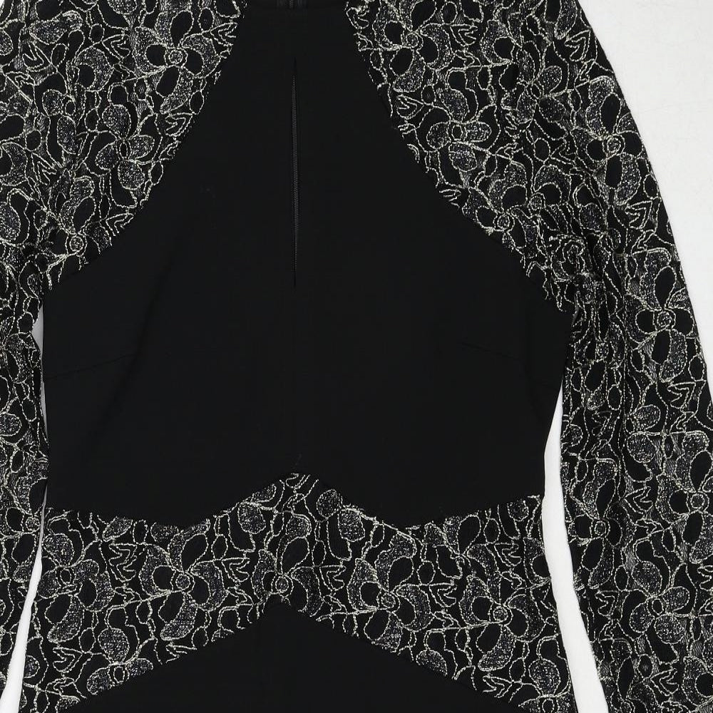 Body Flirt Womens Black Geometric Polyester A-Line Size M Round Neck Zip