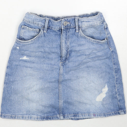 H&M Girls Blue Cotton A-Line Skirt Size 12-13 Years Regular Button - Distressed