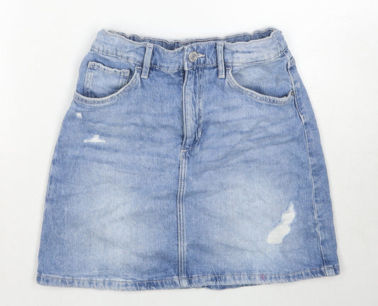 H&M Girls Blue Cotton A-Line Skirt Size 12-13 Years Regular Button - Distressed
