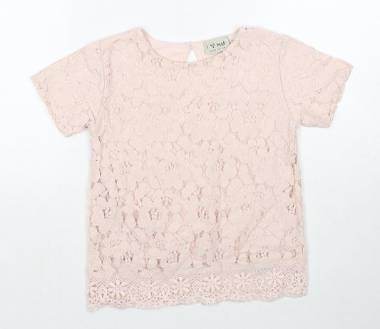 NEXT Girls Pink Floral Nylon Basic T-Shirt Size 7 Years Round Neck Button