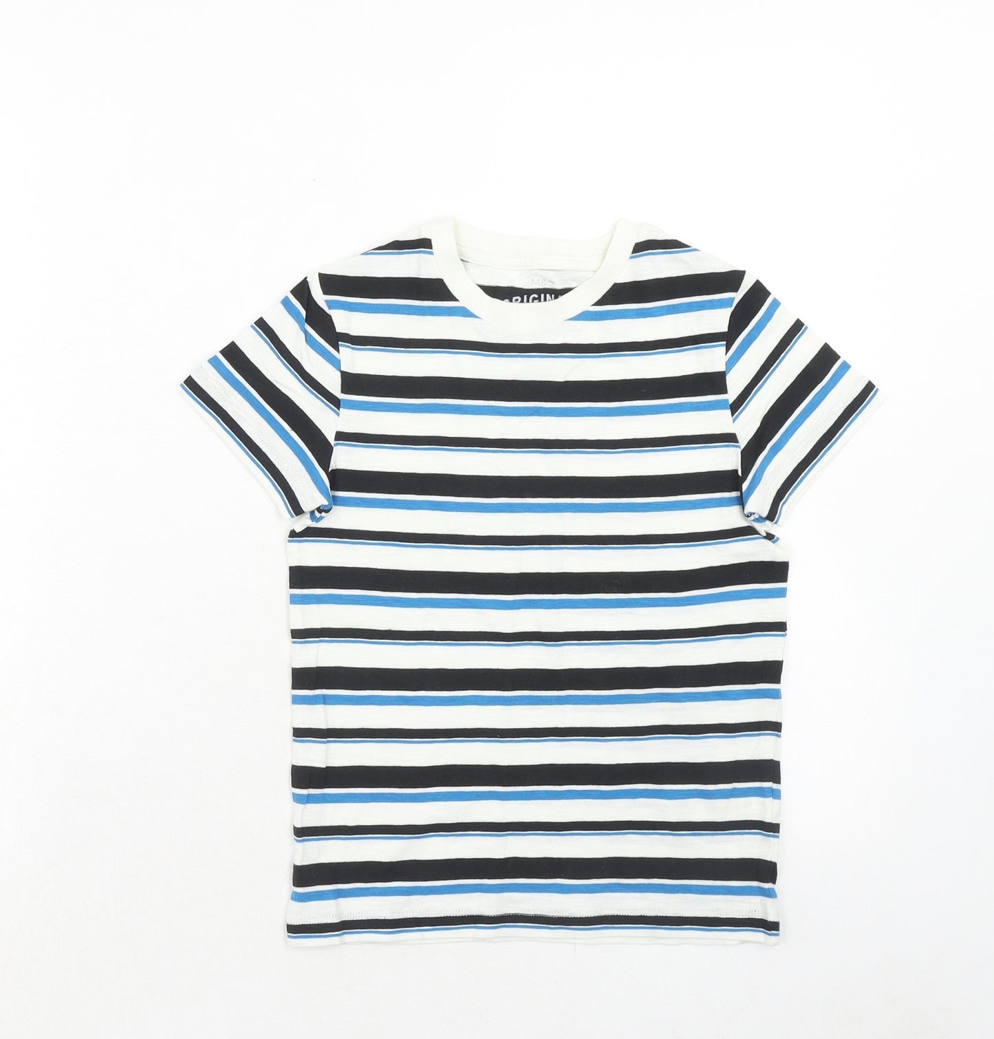Marks and Spencer Boys Blue Striped Cotton Basic T-Shirt Size 6-7 Years Round Neck Pullover