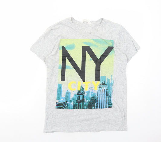 H&M Boys Grey Cotton Basic T-Shirt Size 12-13 Years Round Neck Pullover - New York City