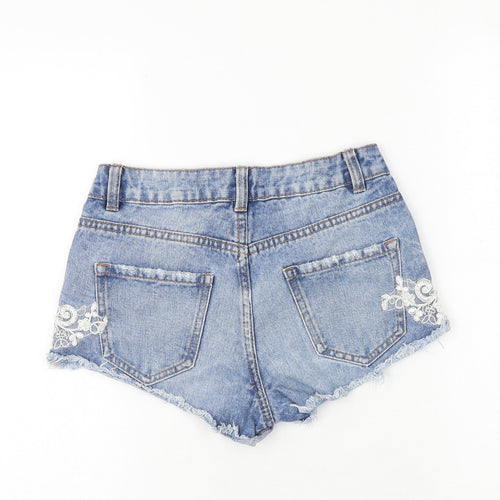 New Look Womens Blue Floral 100% Cotton Hot Pants Shorts Size 4 Regular Zip