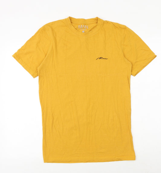 Boohoo Mens Yellow Cotton T-Shirt Size L Round Neck