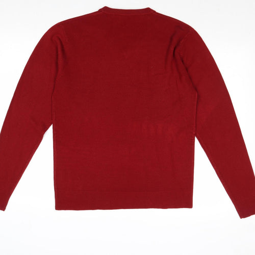 Vintage Mens Red V-Neck Acrylic Pullover Jumper Size M Long Sleeve