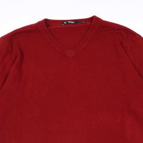 Vintage Mens Red V-Neck Acrylic Pullover Jumper Size M Long Sleeve