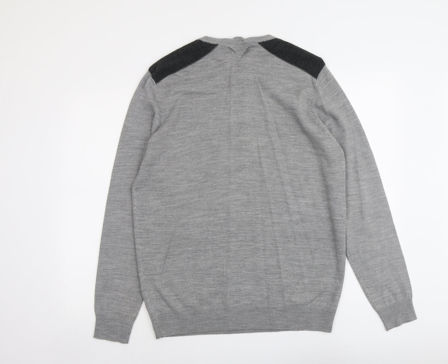 New Look Mens Grey Round Neck Acrylic Pullover Jumper Size L Long Sleeve