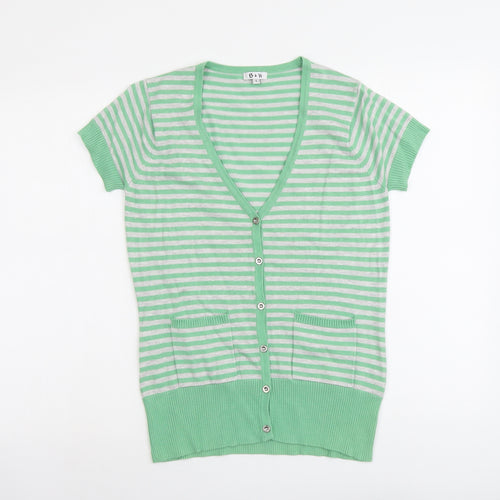 B&W Womens Green V-Neck Striped Viscose Cardigan Jumper Size S