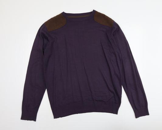 SoulStar Mens Purple Round Neck Acrylic Pullover Jumper Size XL Long Sleeve - Elbow Patches