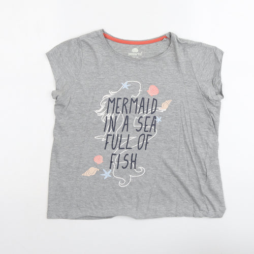 Pepperts Girls Grey Cotton Basic T-Shirt Size 12-13 Years Round Neck Pullover - Mermaid In A Sea Full Of Fish