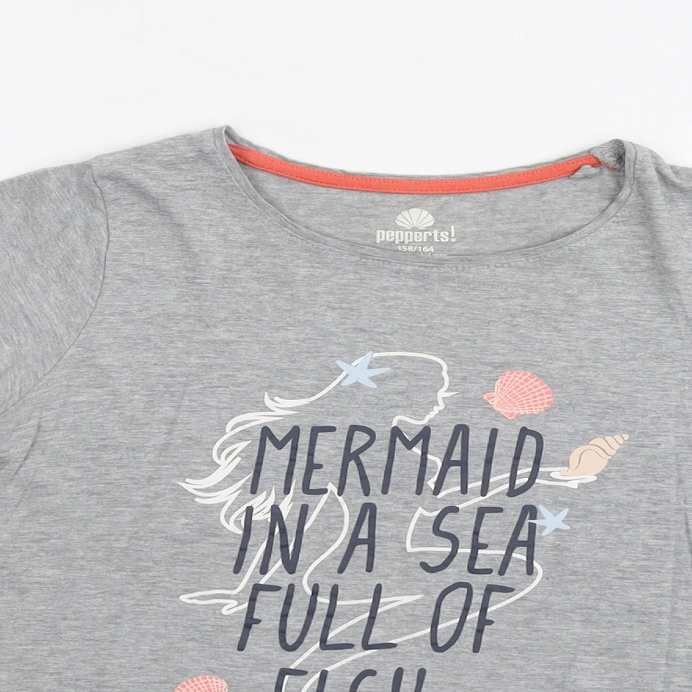 Pepperts Girls Grey Cotton Basic T-Shirt Size 12-13 Years Round Neck Pullover - Mermaid In A Sea Full Of Fish
