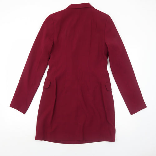 Bershka Womens Red Polyester Jacket Dress Size M Collared Button