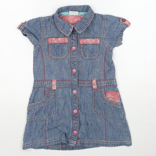 NEXT Girls Blue Cotton A-Line Size 3-4 Years Collared Button