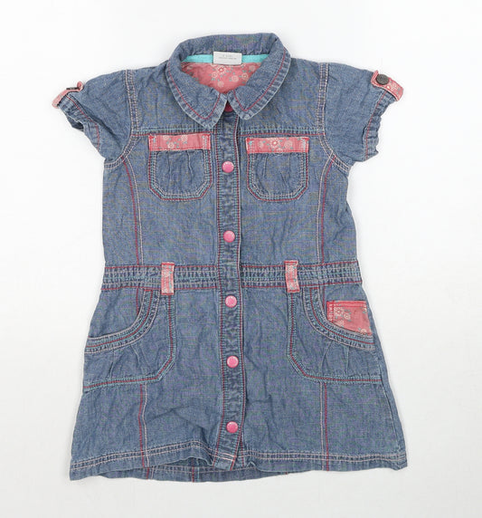 NEXT Girls Blue Cotton A-Line Size 3-4 Years Collared Button