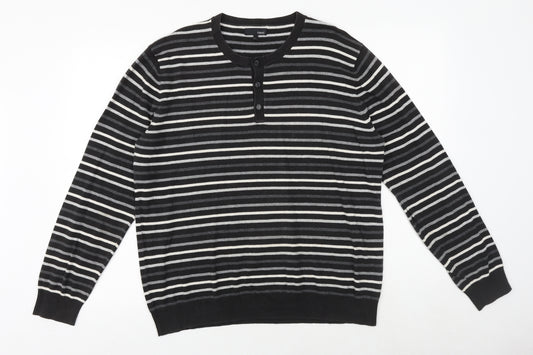 NEXT Mens Black Round Neck Striped Cotton Pullover Jumper Size L Long Sleeve