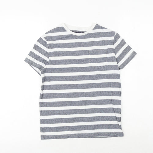 Marks and Spencer Boys Blue Striped 100% Cotton Basic T-Shirt Size 8-9 Years Round Neck Pullover