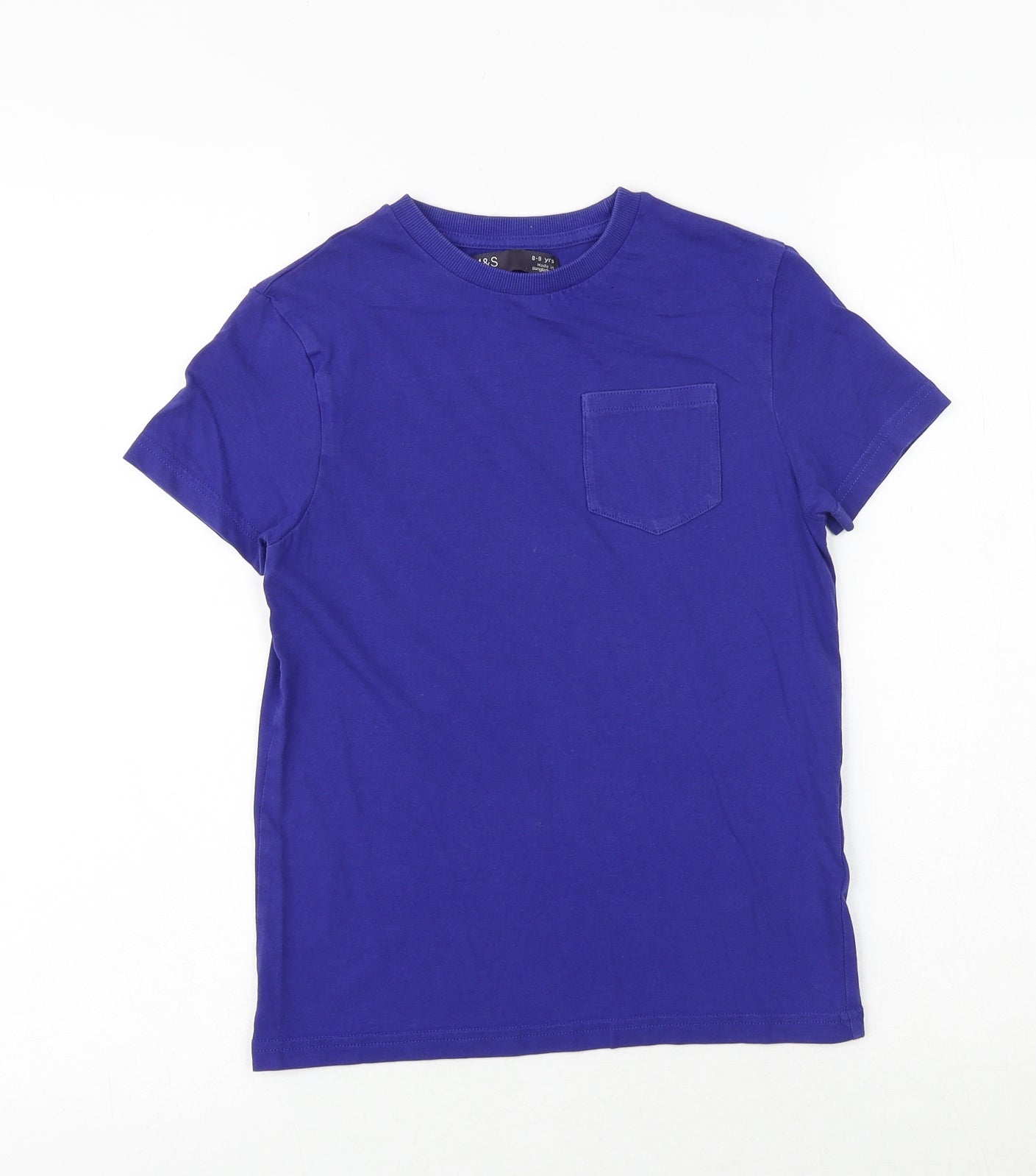 Marks and Spencer Boys Blue 100% Cotton Basic T-Shirt Size 8-9 Years Round Neck Pullover