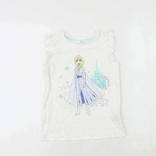 Marks and Spencer Girls White 100% Cotton Basic T-Shirt Size 7-8 Years Round Neck Pullover - Elsa Frozen