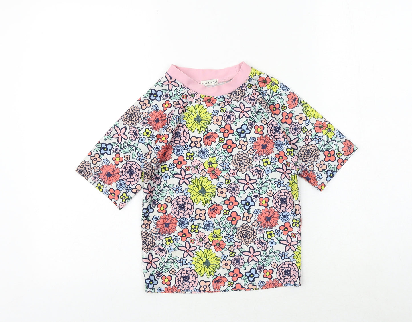 Crafted Girls Multicoloured Floral Polyester Basic T-Shirt Size 9-10 Years Round Neck Pullover