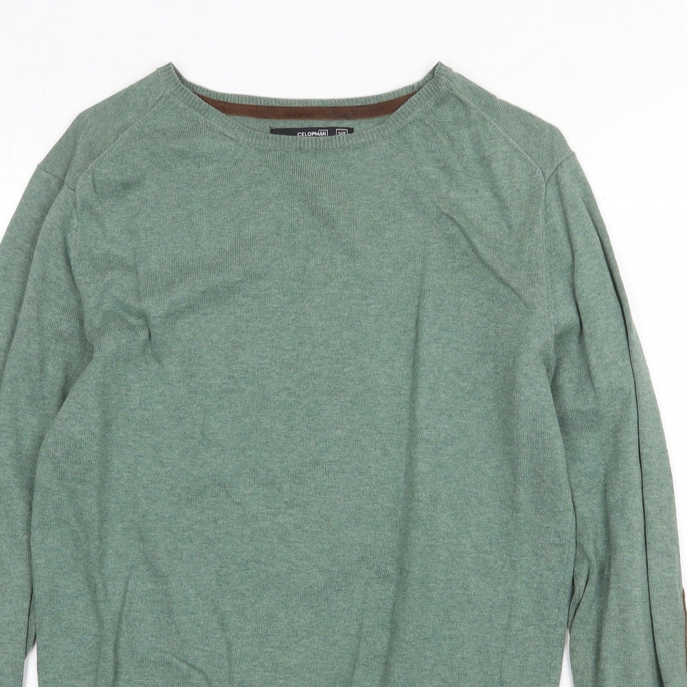 Celopman Mens Green Round Neck Acrylic Pullover Jumper Size M Long Sleeve - Elbow Patches
