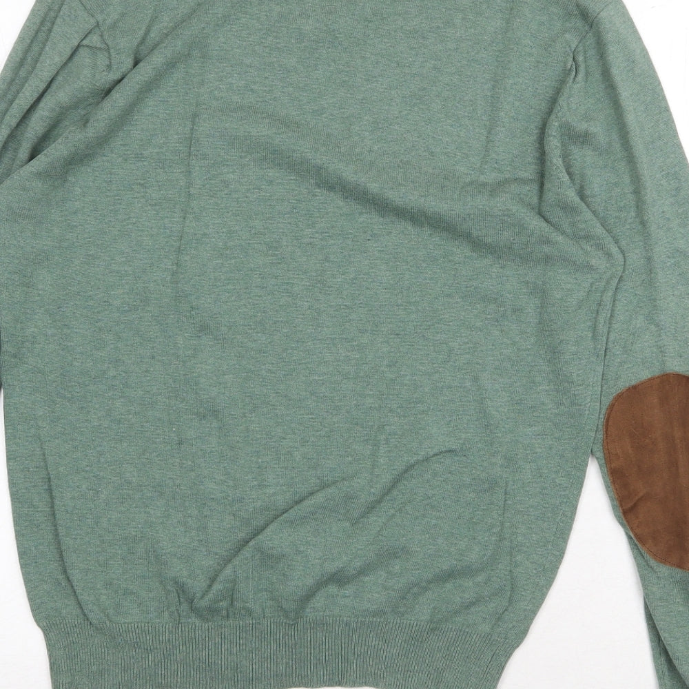 Celopman Mens Green Round Neck Acrylic Pullover Jumper Size M Long Sleeve - Elbow Patches