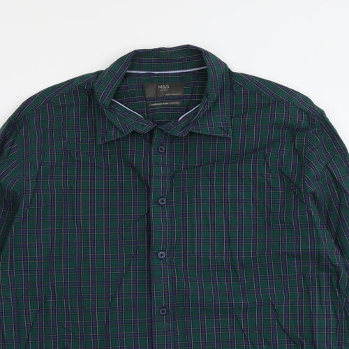 Marks and Spencer Mens Green Plaid Cotton Button-Up Size L Collared Button