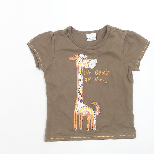 NEXT Girls Brown Cotton Basic T-Shirt Size 2 Years Round Neck Pullover - Giraffe