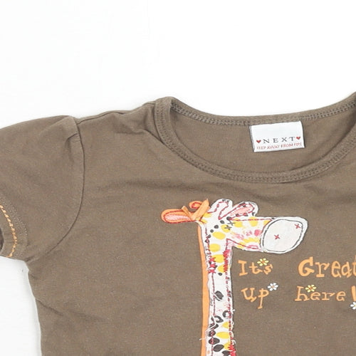 NEXT Girls Brown Cotton Basic T-Shirt Size 2 Years Round Neck Pullover - Giraffe