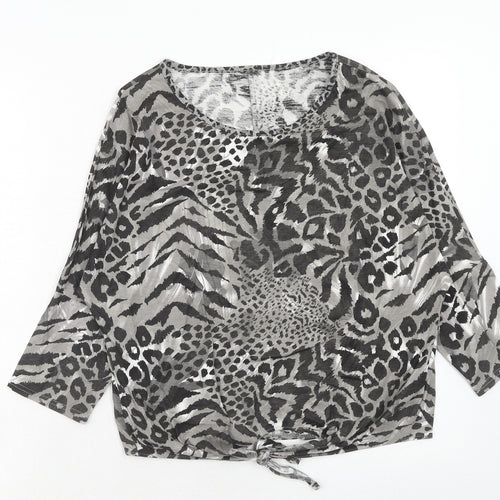 BHS Girls Grey Animal Print Viscose Basic T-Shirt Size 16 Years Round Neck Pullover - Knot Front