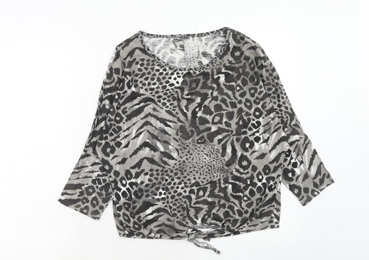 BHS Girls Grey Animal Print Viscose Basic T-Shirt Size 16 Years Round Neck Pullover - Knot Front
