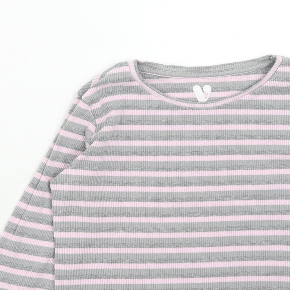 Very Girls Grey Striped Cotton Basic T-Shirt Size 9 Years Round Neck Pullover - Lettuce Hem