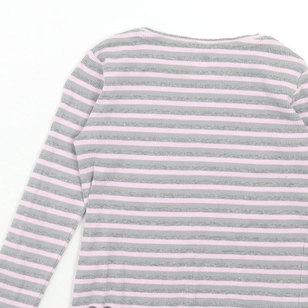 Very Girls Grey Striped Cotton Basic T-Shirt Size 9 Years Round Neck Pullover - Lettuce Hem