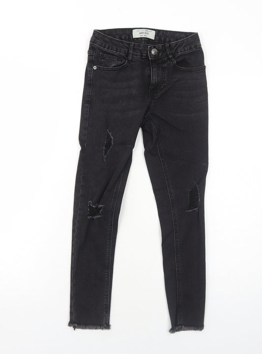 New Look Girls Black Cotton Skinny Jeans Size 10 Years Regular Zip - Distressed