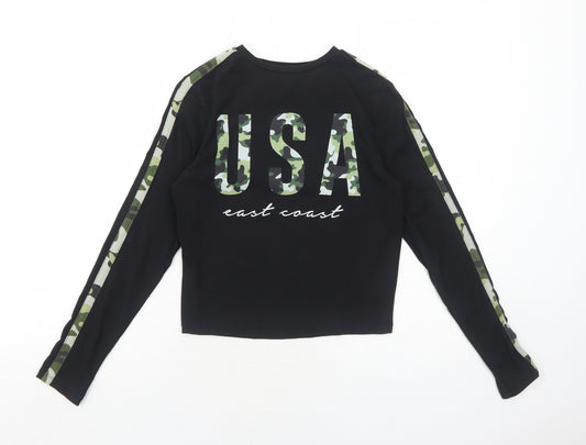 New Look Girls Black Camouflage Cotton Pullover T-Shirt Size 12-13 Years Round Neck Pullover - USA